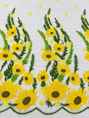 3D Sunflower Lace Fabric - On White Mesh - Sun Flower and Leaf Embroidered Dress Fabric by the Yard