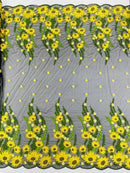 3D Sunflower Lace Fabric - On Black Mesh - Sun Flower and Leaf Embroidered Dress Fabric by the Yard