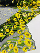 3D Sunflower Lace Fabric - On Black Mesh - Sun Flower and Leaf Embroidered Dress Fabric by the Yard