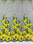 3D Sunflower Lace Fabric - On Black Mesh - Sun Flower and Leaf Embroidered Dress Fabric by the Yard
