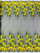 3D Sunflower Lace Fabric - On Black Mesh - Sun Flower and Leaf Embroidered Dress Fabric by the Yard