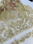 Beaded My Lady Damask Design - Taupe - Beaded Fancy Damask Embroidered Fabric By Yard