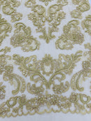 Beaded My Lady Damask Design - Taupe - Beaded Fancy Damask Embroidered Fabric By Yard