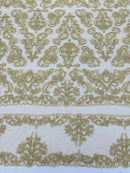 Beaded My Lady Damask Design - Taupe - Beaded Fancy Damask Embroidered Fabric By Yard
