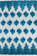 Corded Floral 3D Fabric - Teal - Embroidered Floral Design on Lace Mesh Fabric by Yard