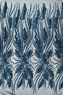 Wavy Leaf Sequins Fabric - Teal - Wavy Lines and Leaves Design on Lace Mesh Fabric by Yard