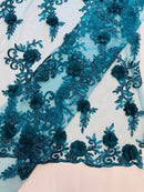3D Flower Cluster Fabric - Teal - 3D Flower Leaf Design Fabric with Pearls Sold By Yard