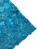 Corded Floral 3D Fabric - Teal - Embroidered Floral Design on Lace Mesh Fabric by Yard