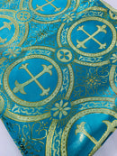 Brocade Cross Fabric - Turquoise - Church Vestment Religious Jacquard Fabric By Yard