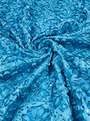 Satin Rosette Sequins Fabric - Turquoise - 3D Rosette Satin Rose Fabric with Sequins By Yard
