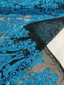 Big Damask Sequins Fabric - Turquoise Iridescent on Black - 4 Way Stretch Damask Sequins Design Fabric By Yard