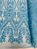 Big Damask Sequins Fabric - Turquoise Iridescent - 4 Way Stretch Damask Sequins Design Fabric By Yard