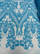 Big Damask Sequins Fabric - Turquoise Iridescent - 4 Way Stretch Damask Sequins Design Fabric By Yard