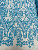 Big Damask Sequins Fabric - Turquoise Iridescent - 4 Way Stretch Damask Sequins Design Fabric By Yard