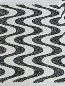 Wavy Line Velvet Sequins - White / Black - Velvet Sequins 2 Way Stretch Fabric 58/60” By Yard