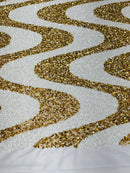 Wavy Line Velvet Sequins - White / Gold - Velvet Sequins 2 Way Stretch Fabric 58/60” By Yard