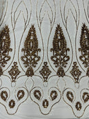 Damask Palm Leaf Design - White / Gold - 4 Way Stretch Sequin Fabric on Mesh Sold By Yard