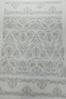 Beaded My Lady Damask Design - White / Silver - Beaded Fancy Damask Embroidered Fabric By Yard