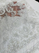 Beaded My Lady Damask Design - White / Silver - Beaded Fancy Damask Embroidered Fabric By Yard