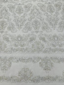 Beaded My Lady Damask Design - White / Silver - Beaded Fancy Damask Embroidered Fabric By Yard