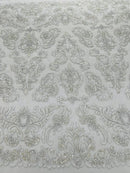 Beaded My Lady Damask Design - White / Silver - Beaded Fancy Damask Embroidered Fabric By Yard