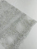 Beaded My Lady Damask Design - White / Silver - Beaded Fancy Damask Embroidered Fabric By Yard