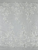 3D Floral Pearl Fabric - White - Embroidered Floral Pearl Fabric Double Border On Mesh By Yard