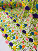 Multi-Color Mexican Sarape Fabric - White Mesh Flower Design Embroidered Lace Fabric By Yard