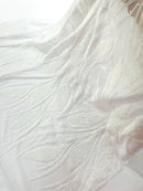 Wavy Leaf Sequins Fabric - White - Wavy Lines and Leaves Design on Lace Mesh Fabric by Yard