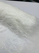 Floral Beaded Wavy Fabric - White - Beaded Sequins Wavy Embroidered Fabric Sold By Yard