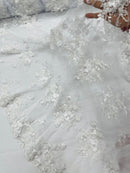 3D Flower Sequins Design - White - Embroidered Pearl Sequins Floral Clusters Lace Fabric By Yard
