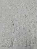 Floral Leaf Bead Sequins Fabric - White - Leaf Nature Beaded Sequins Lace Fabric by the yard