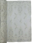 Heavy Bead Floral Fabric - White - Beaded Flower Design Fabric Fancy Border By Yard