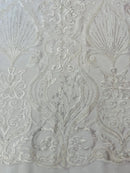 Damask Leaf Bead Fabric - White - Heavy Beaded Embroidered Sequins Lace Fabric by Yard