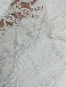 Beaded My Lady Damask Design - White - Beaded Fancy Damask Embroidered Fabric By Yard