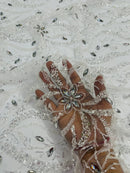 Wavy Leaf / Floral Bead Fabric - White - Beaded Rhinestone Embroidered on a Mesh By Yard