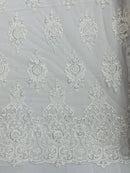 Floral Bead Embroidery Fabric - White - Damask Floral Bead Bridal Lace Fabric by the yard