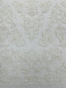 Beaded My Lady Damask Design - White - Beaded Fancy Damask Embroidered Fabric By Yard