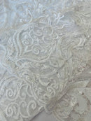 Damask Leaf Bead Fabric - White - Heavy Beaded Embroidered Sequins Lace Fabric by Yard