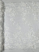 3D Floral Pearl Fabric - White - Embroidered Floral Pearl Fabric Double Border On Mesh By Yard