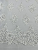 Heavy Beaded Floral Fabric - White - Luxury Heavy Duty Bead Bridal Floral Cluster Lace Fabric by the yard