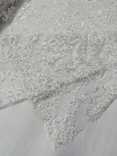 Floral Leaf Bead Sequins Fabric - White - Leaf Nature Beaded Sequins Lace Fabric by the yard