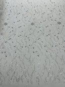 Wavy Leaf / Floral Bead Fabric - White - Beaded Rhinestone Embroidered on a Mesh By Yard