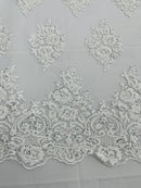 Heavy Beaded Floral Fabric - White - Luxury Heavy Duty Bead Bridal Floral Cluster Lace Fabric by the yard