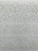 Beaded My Lady Damask Design - White - Beaded Fancy Damask Embroidered Fabric By Yard