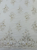 3D Floral Rhinestone Fabric - White - Beaded Flower Clusters with Rhinestones and Sequins By Yard