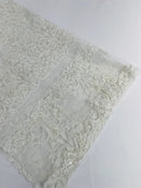 Beaded My Lady Damask Design - White - Beaded Fancy Damask Embroidered Fabric By Yard