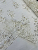 3D Floral Rhinestone Fabric - White - Beaded Flower Clusters with Rhinestones and Sequins By Yard