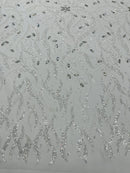 Wavy Leaf / Floral Bead Fabric - White - Beaded Rhinestone Embroidered on a Mesh By Yard