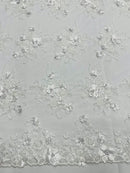 3D Flower Sequins Design - White - Embroidered Pearl Sequins Floral Clusters Lace Fabric By Yard